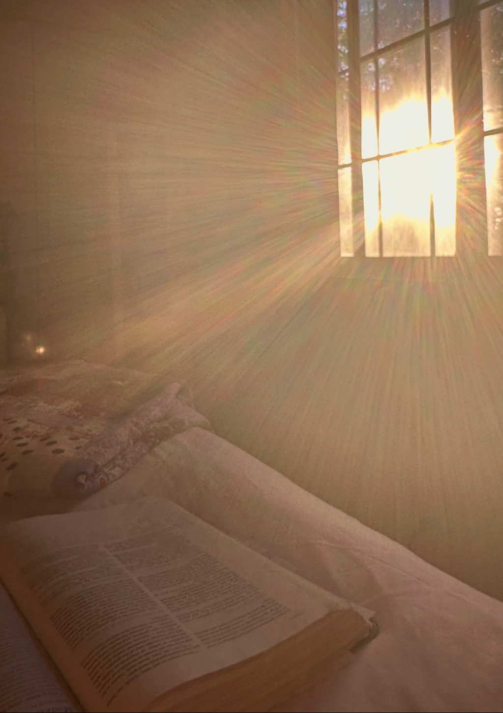 the sun shines through a window, an open Bible lays on the bed as rays cast across it